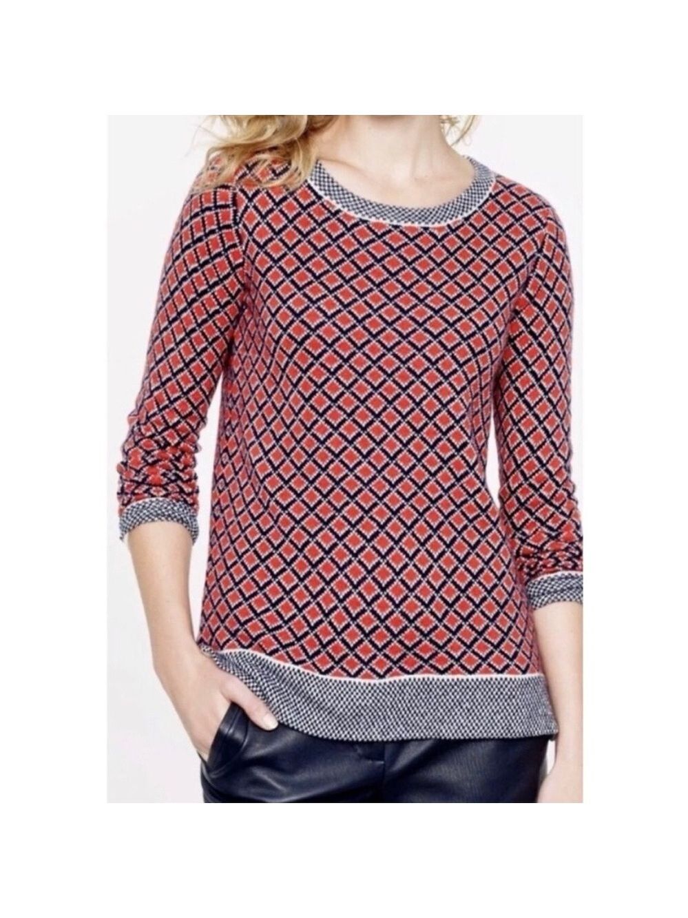 J. Crew Collection Italian Cashmere Crew Neck Sweater Blue Red Diamond Size XS